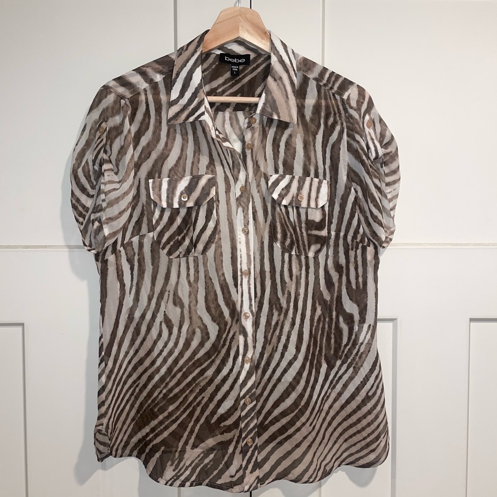 Bebe Zebra Print Button-Up Sheer Silk Shirt